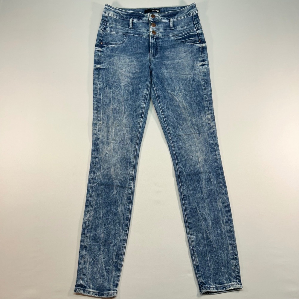 Refuge Womens Size 6 High Rise Skinny Jeans Acid Wash Blue Triple Button Denim